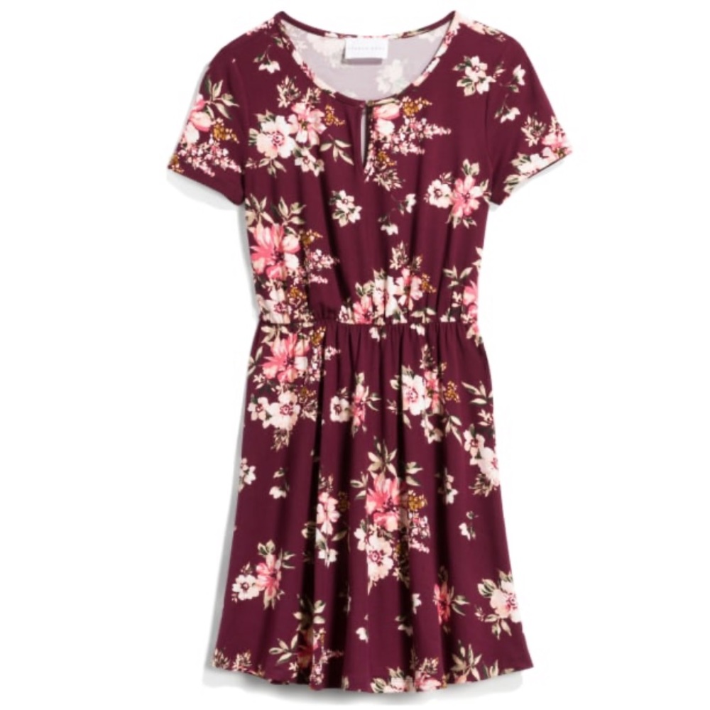 Short sleeve burgundy floral dress